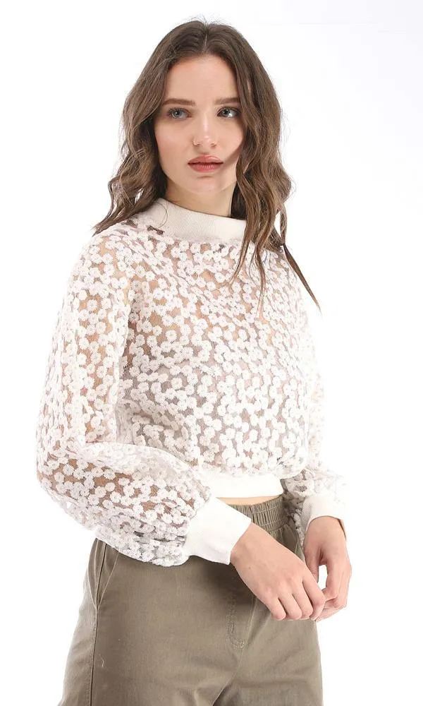 95376 Back Button Floral Polyester Sheer Sweater - Off White