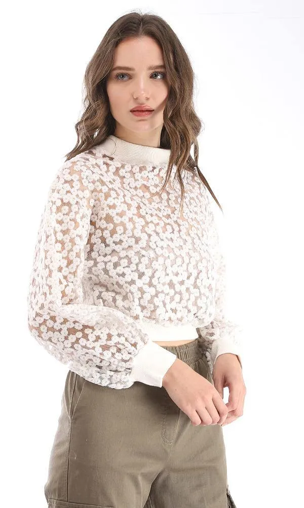 95376 Back Button Floral Polyester Sheer Sweater - Off White