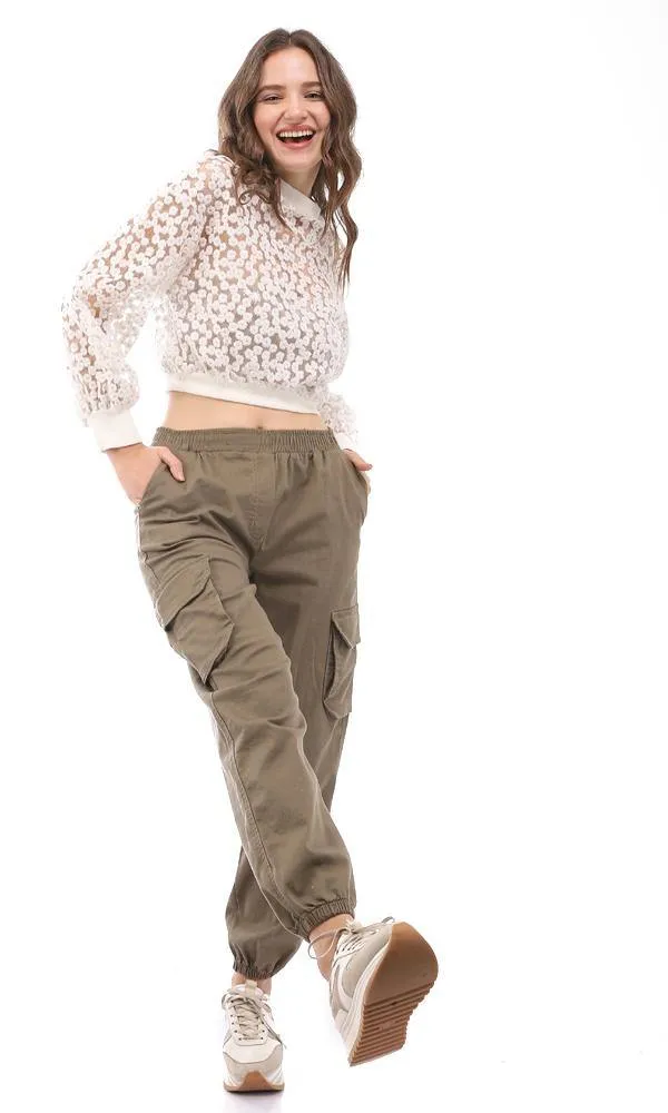 95376 Back Button Floral Polyester Sheer Sweater - Off White