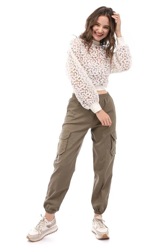 95376 Back Button Floral Polyester Sheer Sweater - Off White