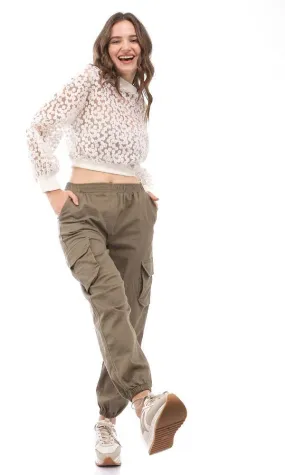 95376 Back Button Floral Polyester Sheer Sweater - Off White