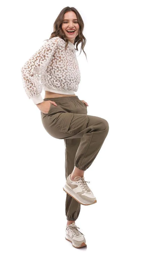 95376 Back Button Floral Polyester Sheer Sweater - Off White