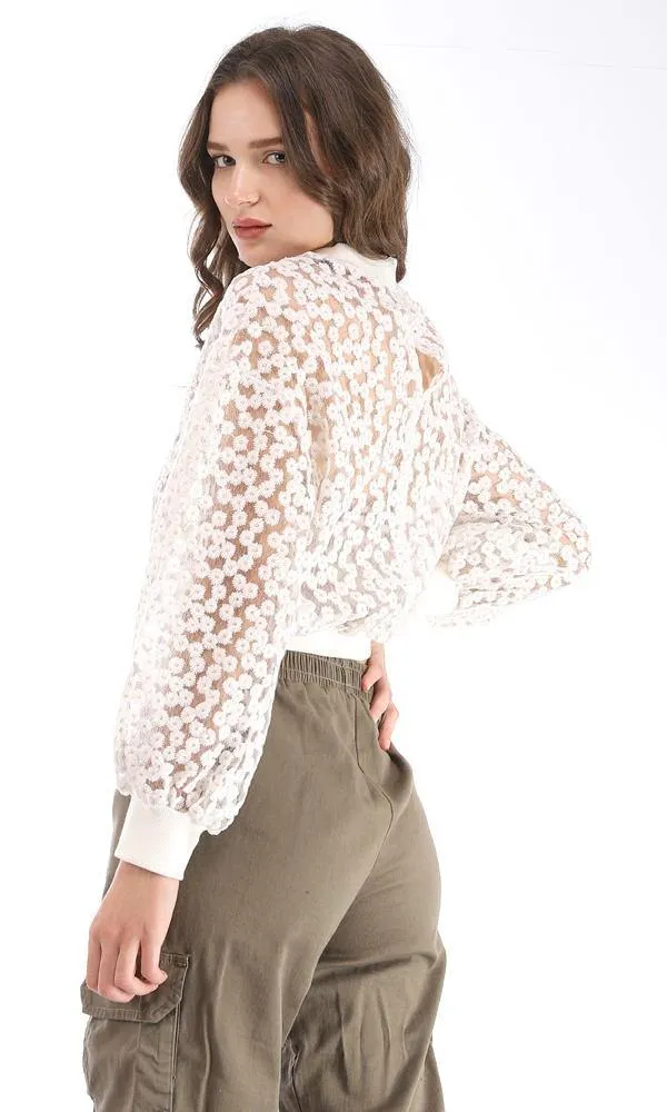 95376 Back Button Floral Polyester Sheer Sweater - Off White