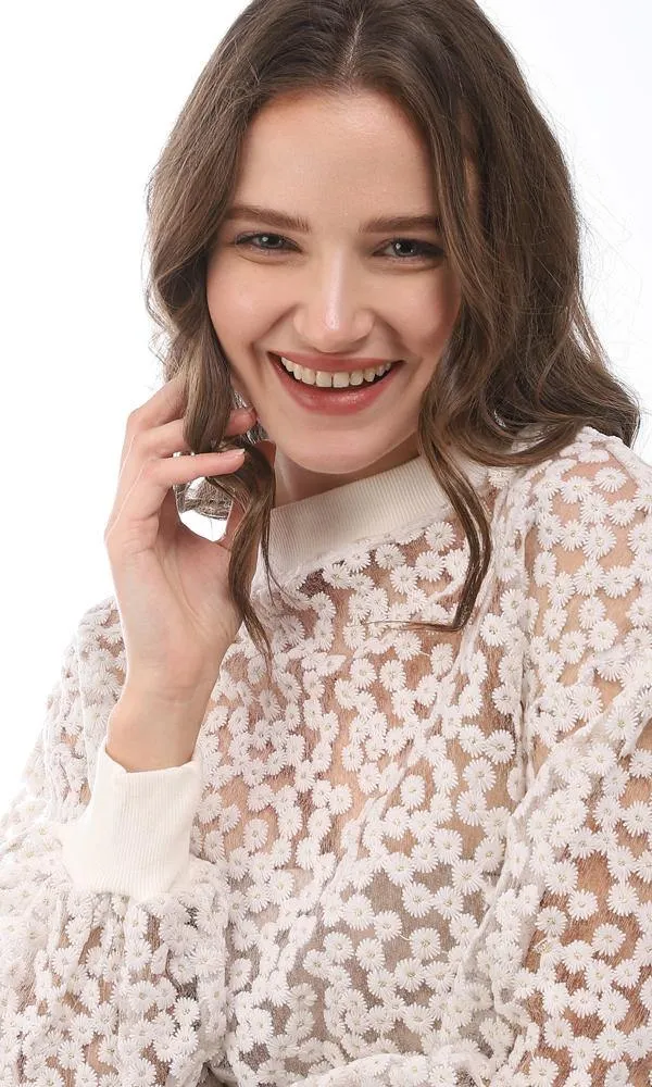 95376 Back Button Floral Polyester Sheer Sweater - Off White
