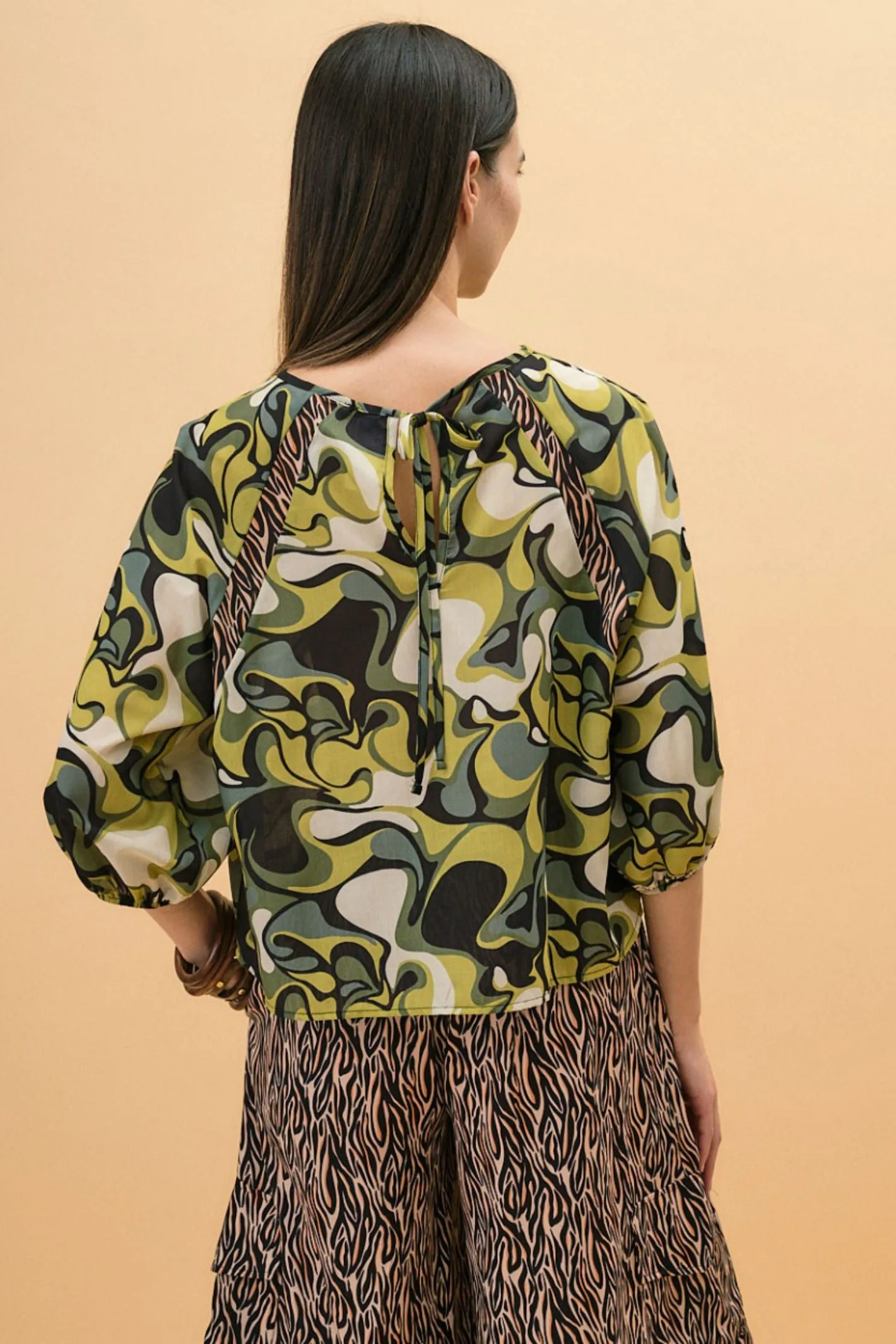 Access Fashion 2063 Green Retro Print Blouse