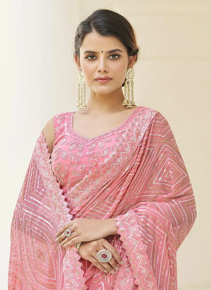 Baby Pink Color Georgette Base Saree With Sequins Work