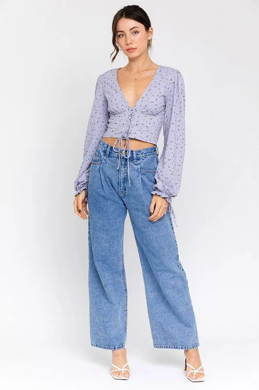 Boho Puff Sleeve Lace-Up V-Neck Blouse