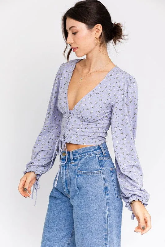 Boho Puff Sleeve Lace-Up V-Neck Blouse