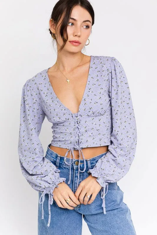 Boho Puff Sleeve Lace-Up V-Neck Blouse