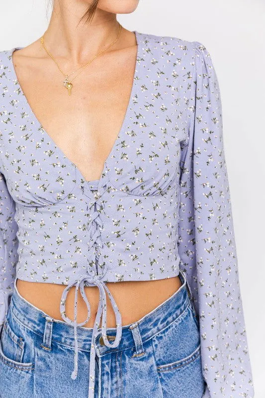 Boho Puff Sleeve Lace-Up V-Neck Blouse