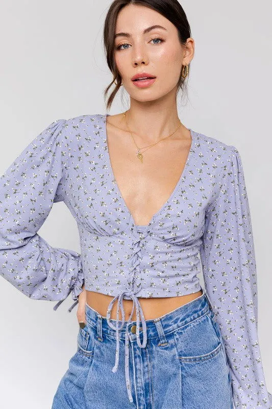 Boho Puff Sleeve Lace-Up V-Neck Blouse