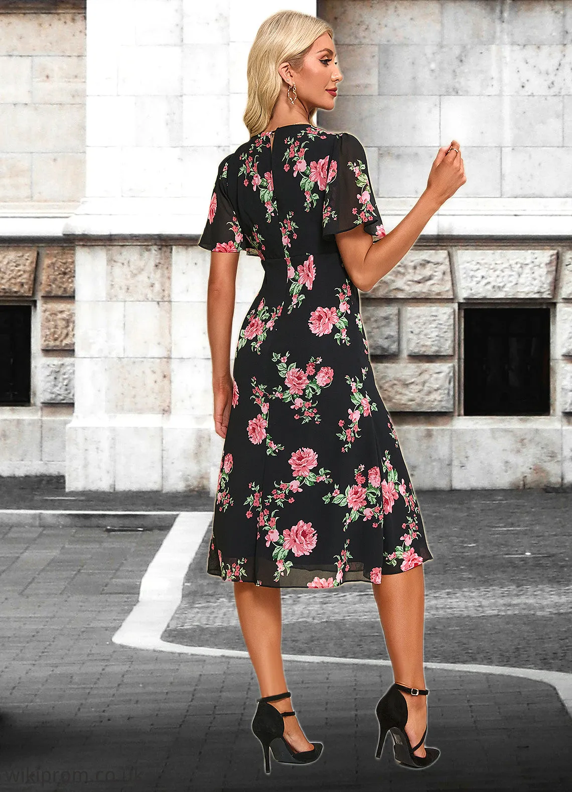 Camilla Floral Print V-Neck Elegant A-line Chiffon Midi Dresses SWKP0022424