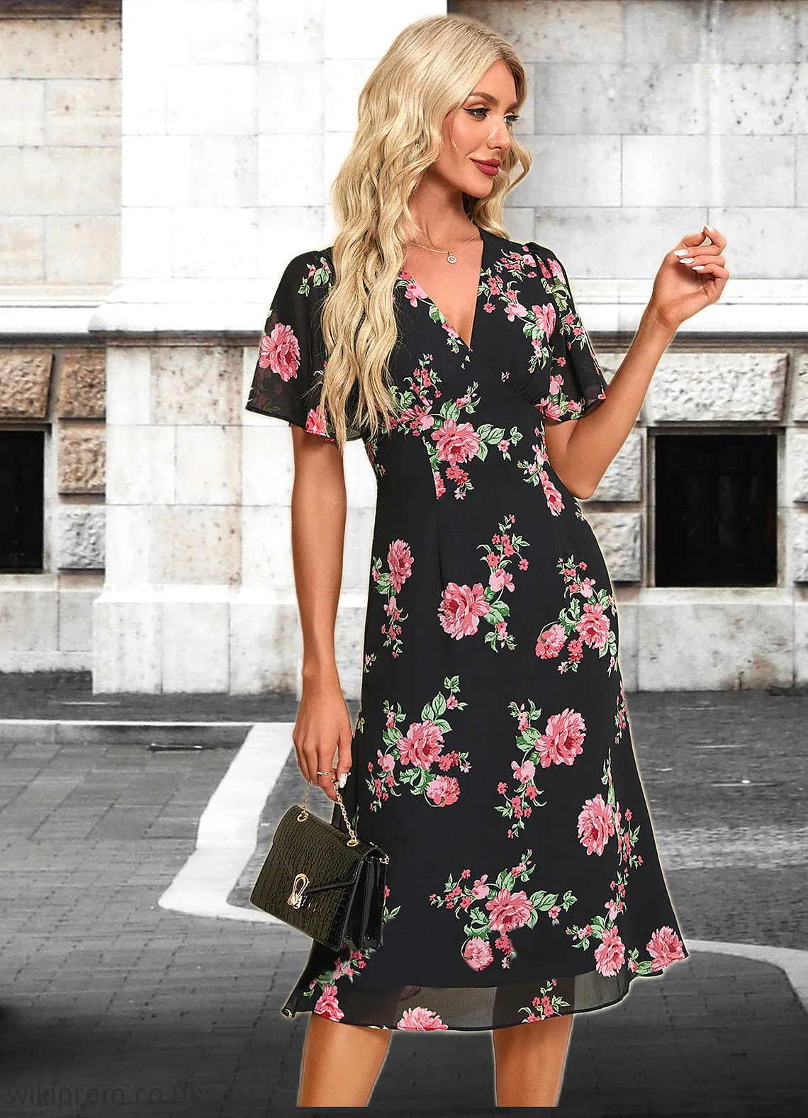 Camilla Floral Print V-Neck Elegant A-line Chiffon Midi Dresses SWKP0022424