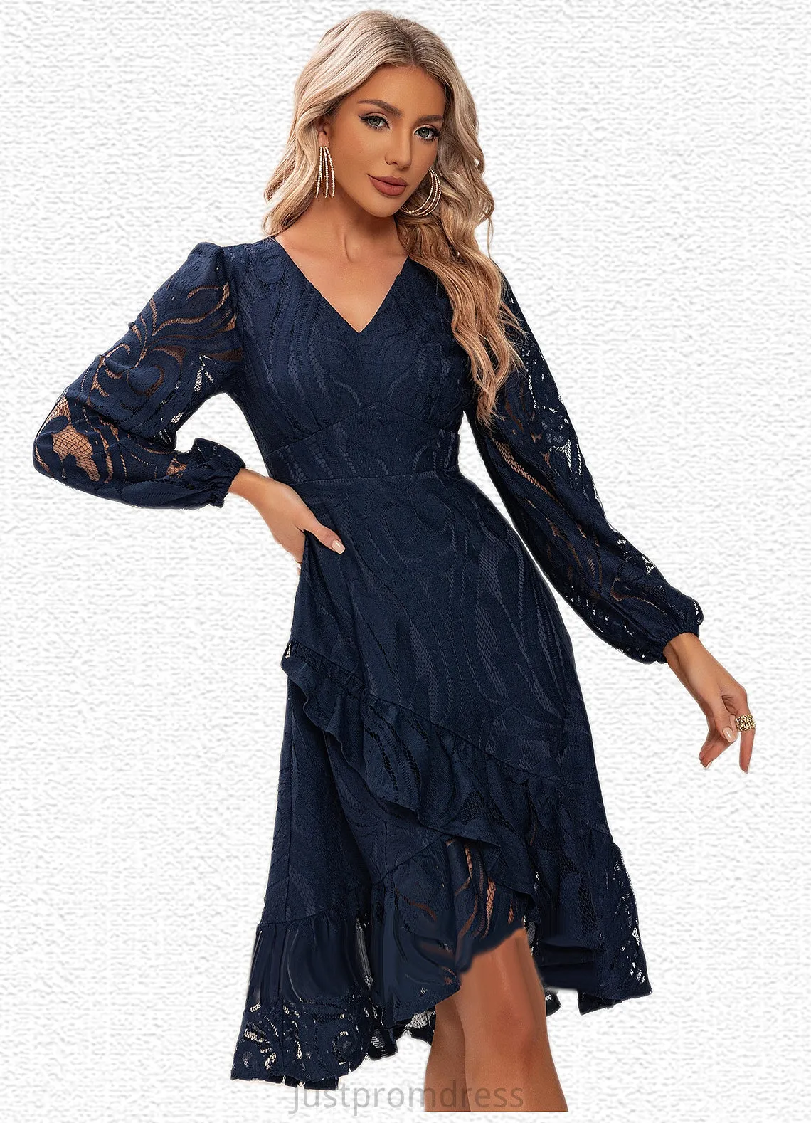 Chasity Jacquard V-Neck Elegant A-line Lace Midi Dresses HHP0022269