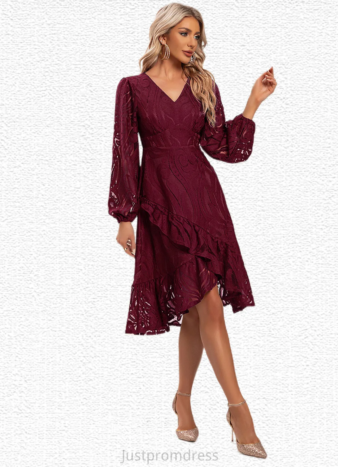 Chasity Jacquard V-Neck Elegant A-line Lace Midi Dresses HHP0022269