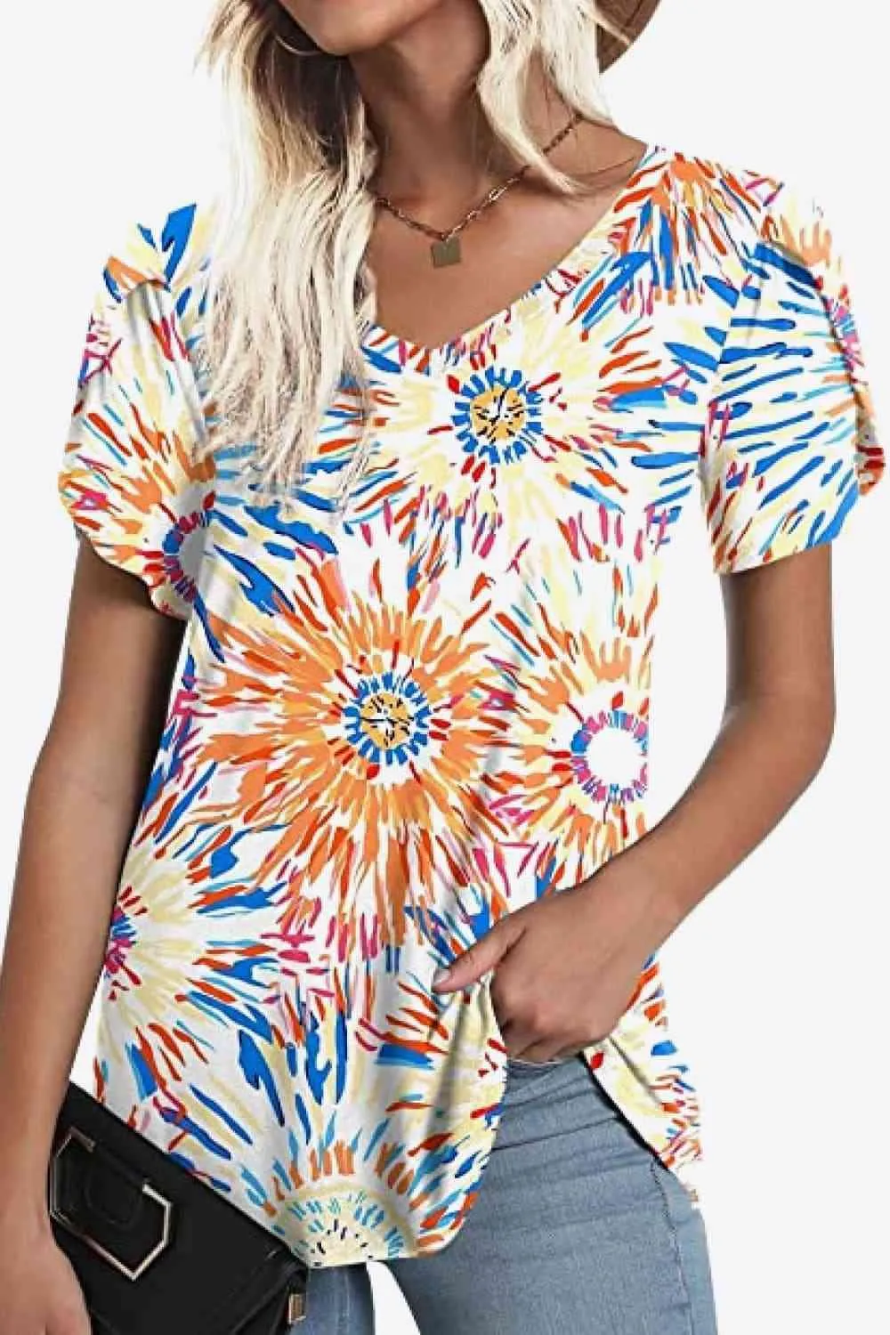 Chic Floral V-Neck Top with Delightful Petal Sleeves