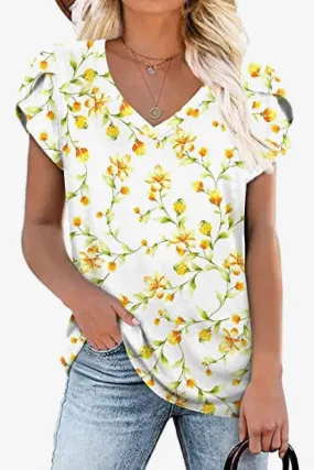Chic Floral V-Neck Top with Delightful Petal Sleeves