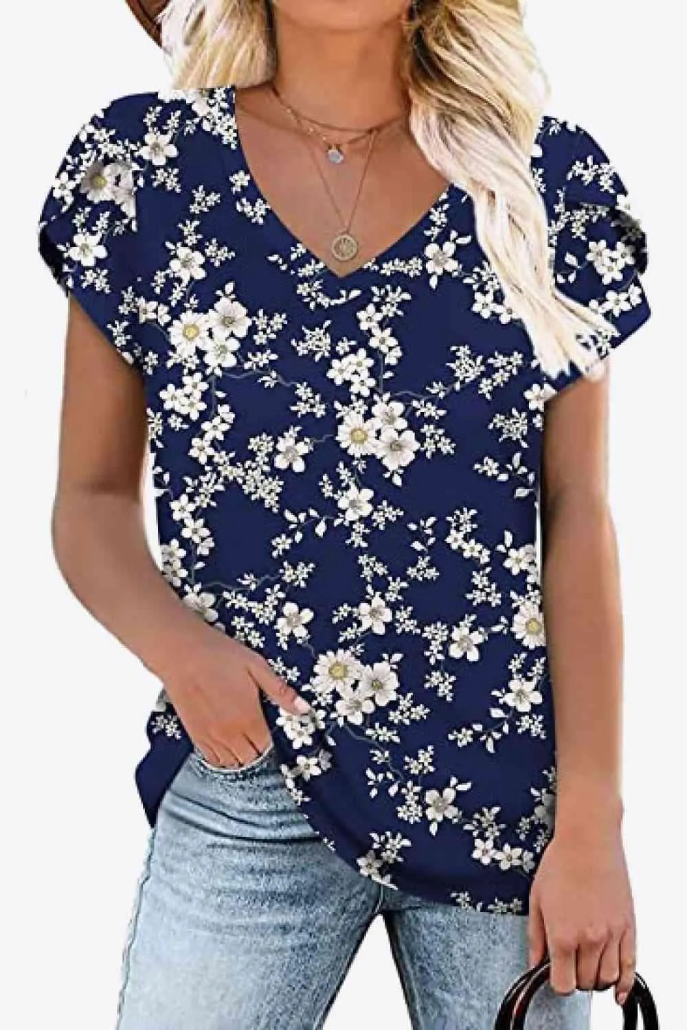 Chic Floral V-Neck Top with Delightful Petal Sleeves