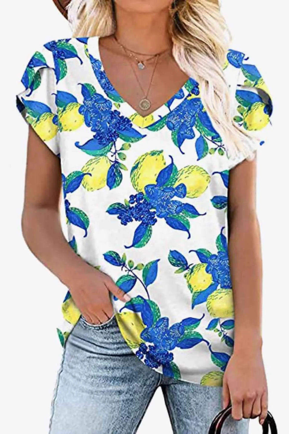 Chic Floral V-Neck Top with Delightful Petal Sleeves