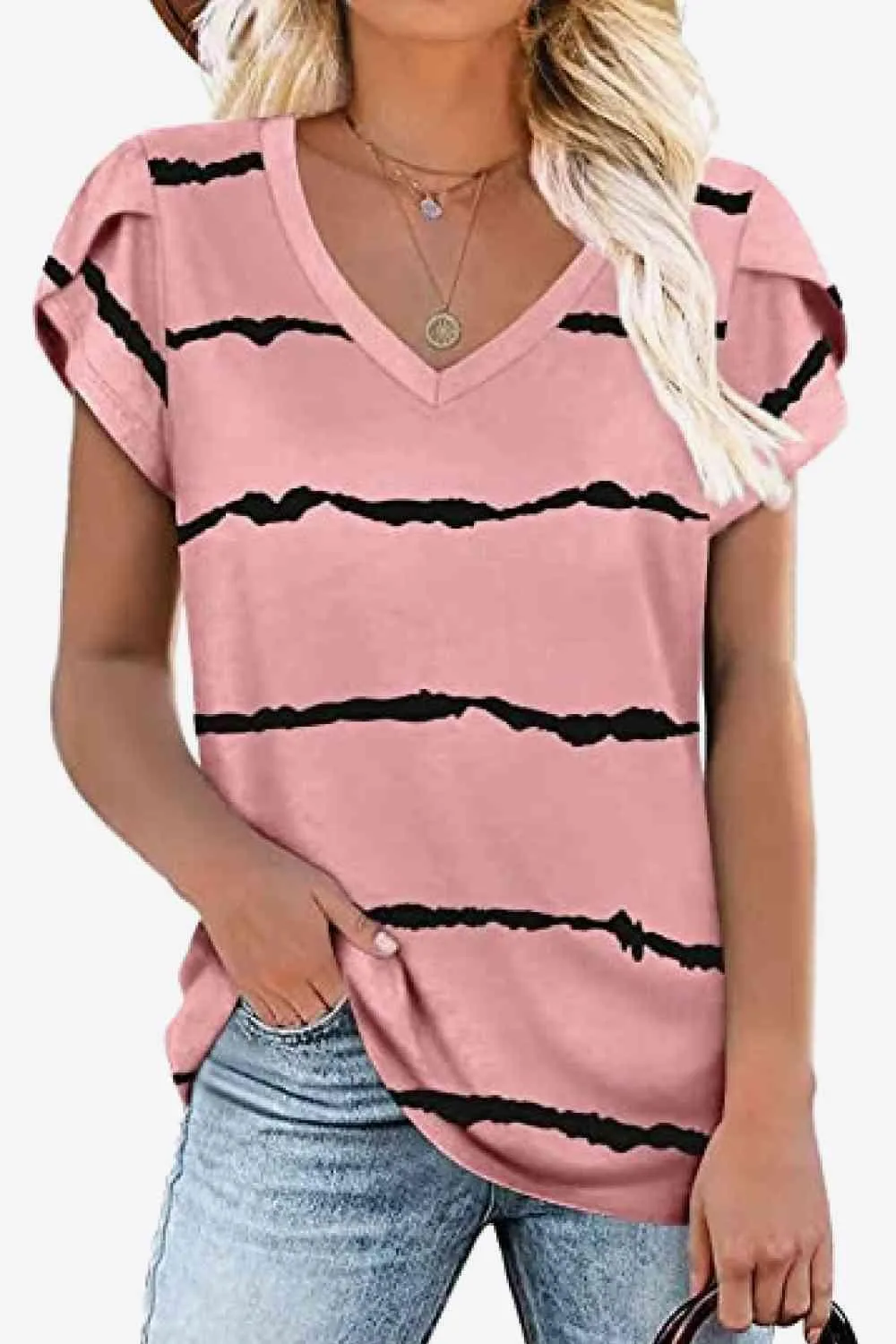 Chic Floral V-Neck Top with Delightful Petal Sleeves