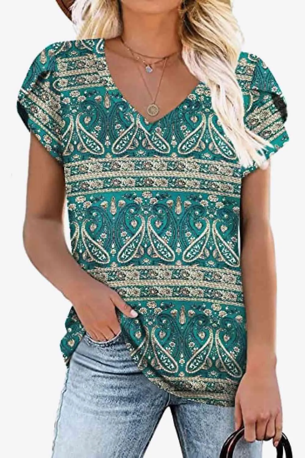 Chic Floral V-Neck Top with Delightful Petal Sleeves
