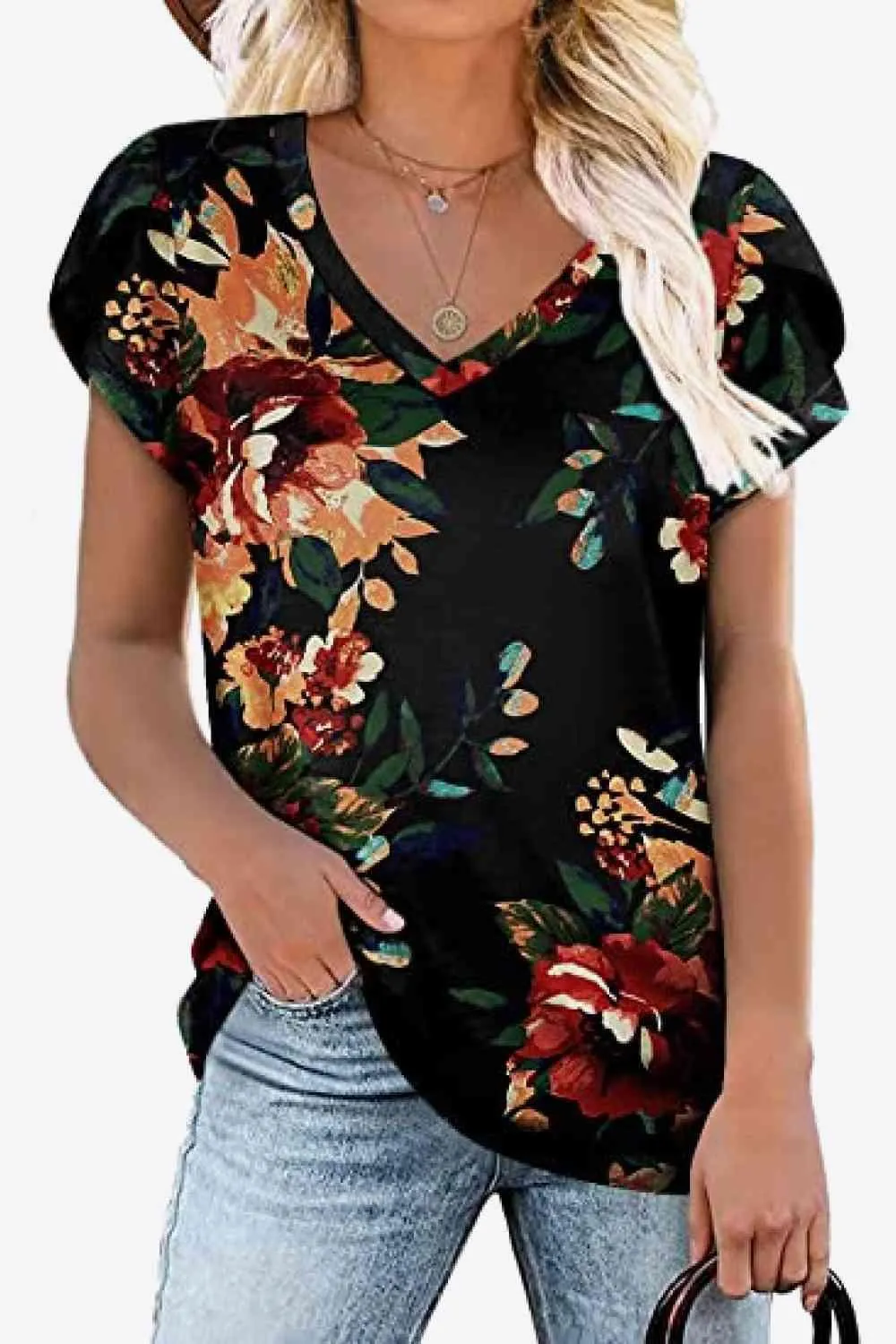 Chic Floral V-Neck Top with Delightful Petal Sleeves