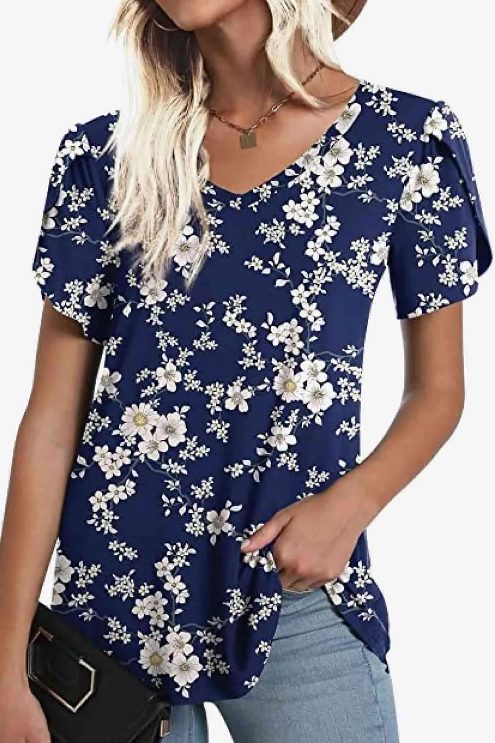 Chic Floral V-Neck Top with Delightful Petal Sleeves