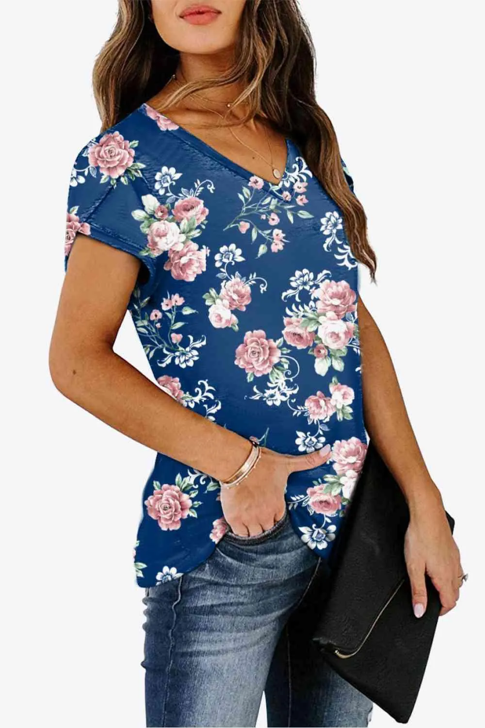 Chic Floral V-Neck Top with Delightful Petal Sleeves