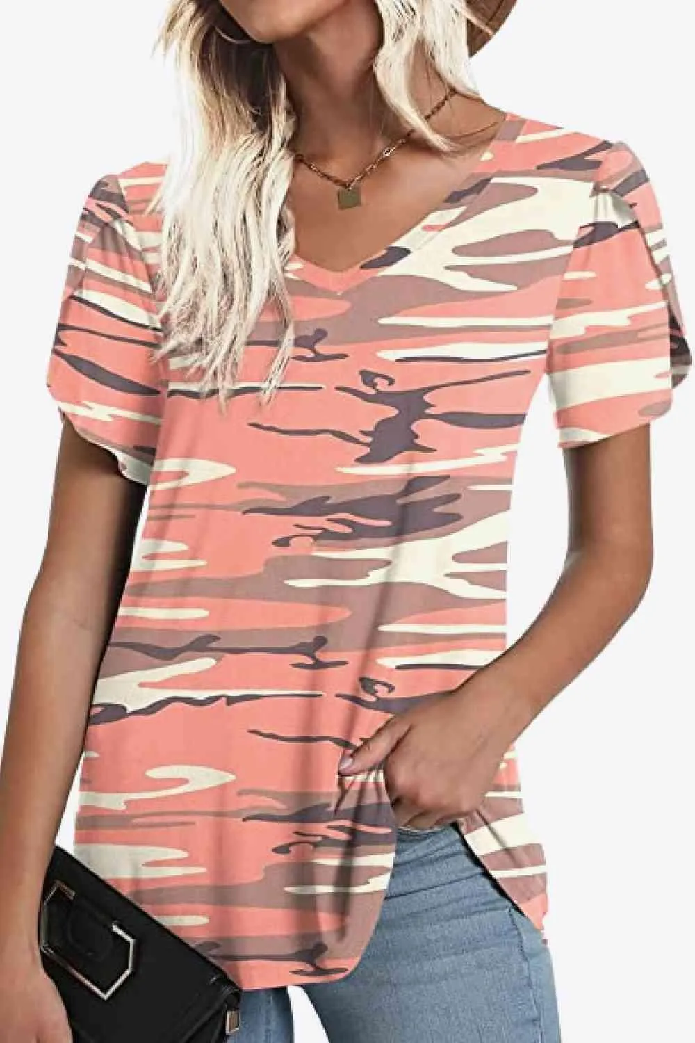 Chic Floral V-Neck Top with Delightful Petal Sleeves