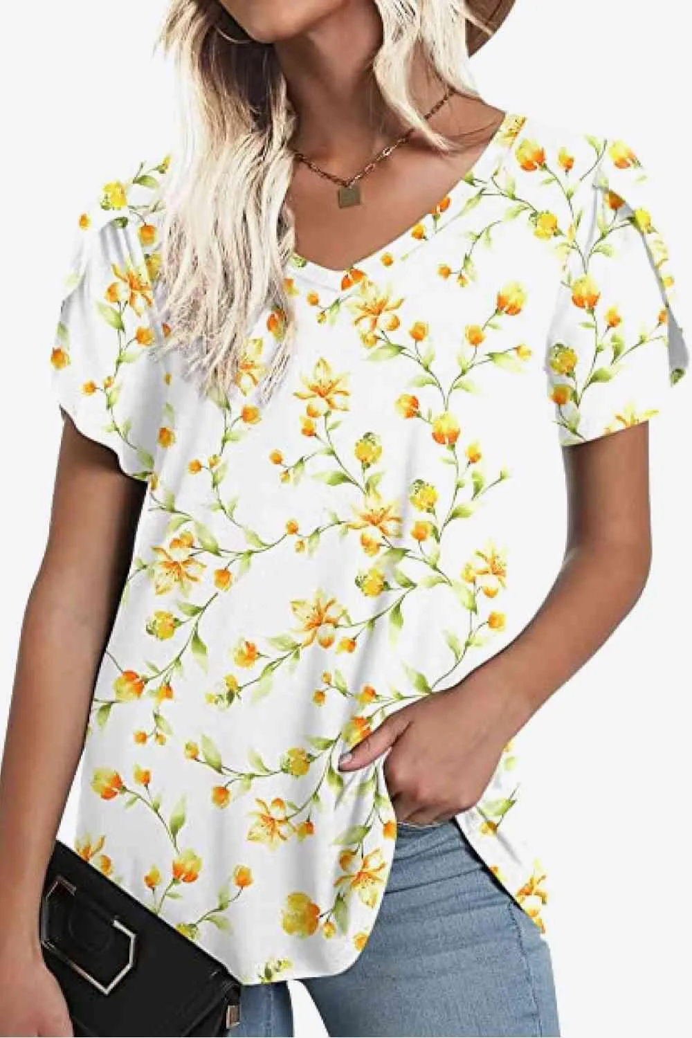 Chic Floral V-Neck Top with Delightful Petal Sleeves