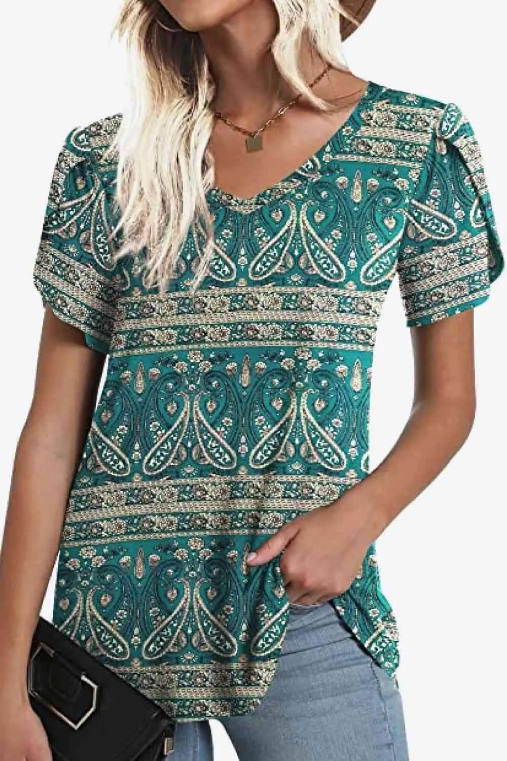 Chic Floral V-Neck Top with Delightful Petal Sleeves