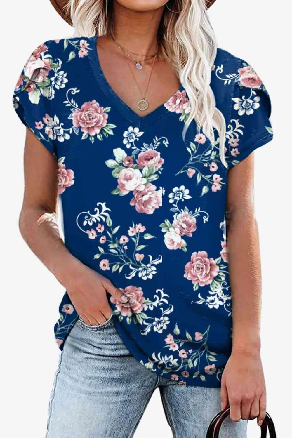 Chic Floral V-Neck Top with Delightful Petal Sleeves