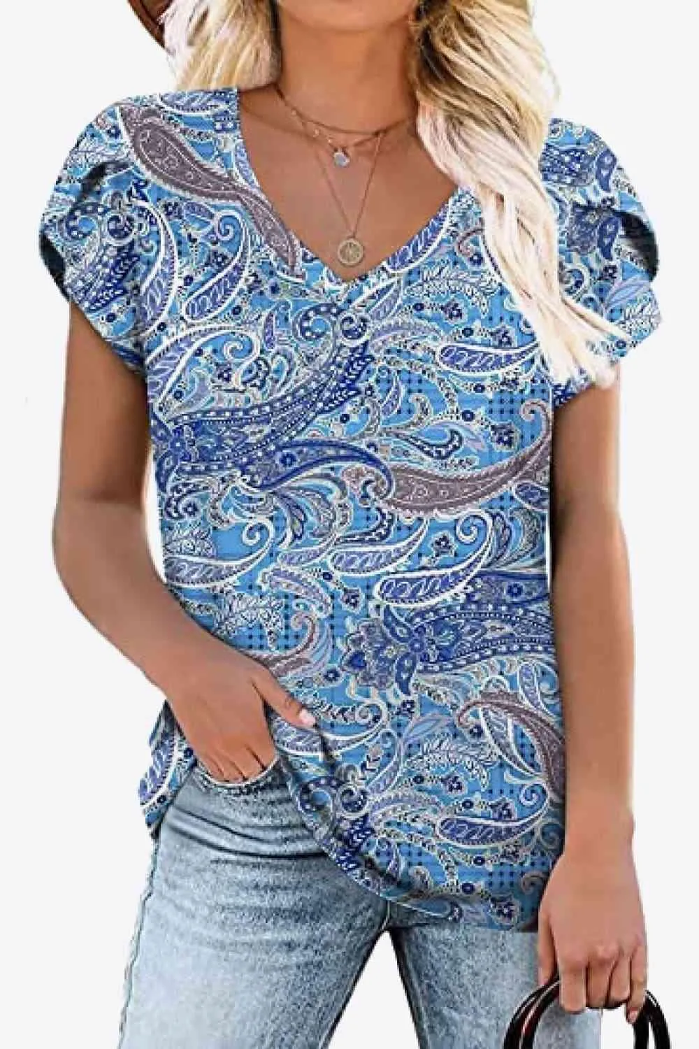 Chic Floral V-Neck Top with Delightful Petal Sleeves