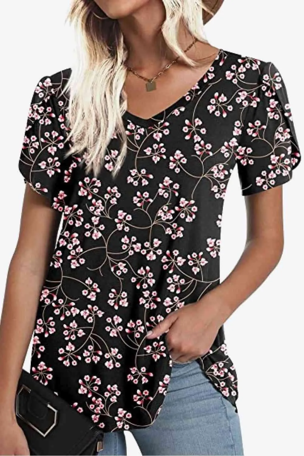 Chic Floral V-Neck Top with Delightful Petal Sleeves