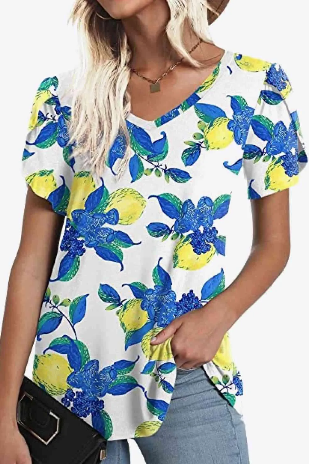 Chic Floral V-Neck Top with Delightful Petal Sleeves