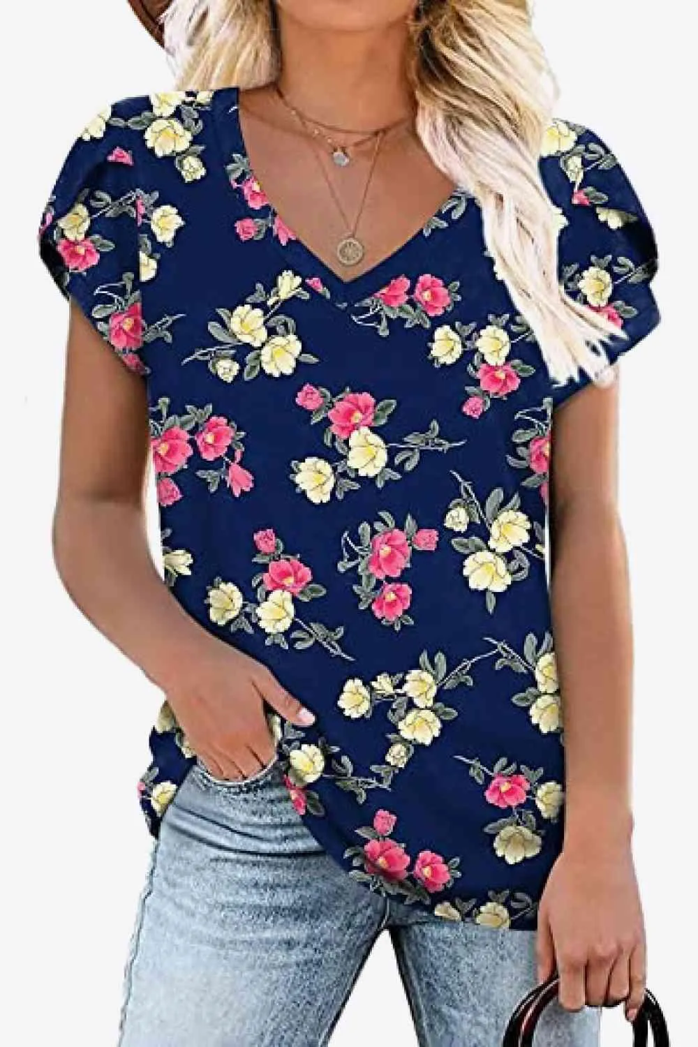 Chic Floral V-Neck Top with Delightful Petal Sleeves