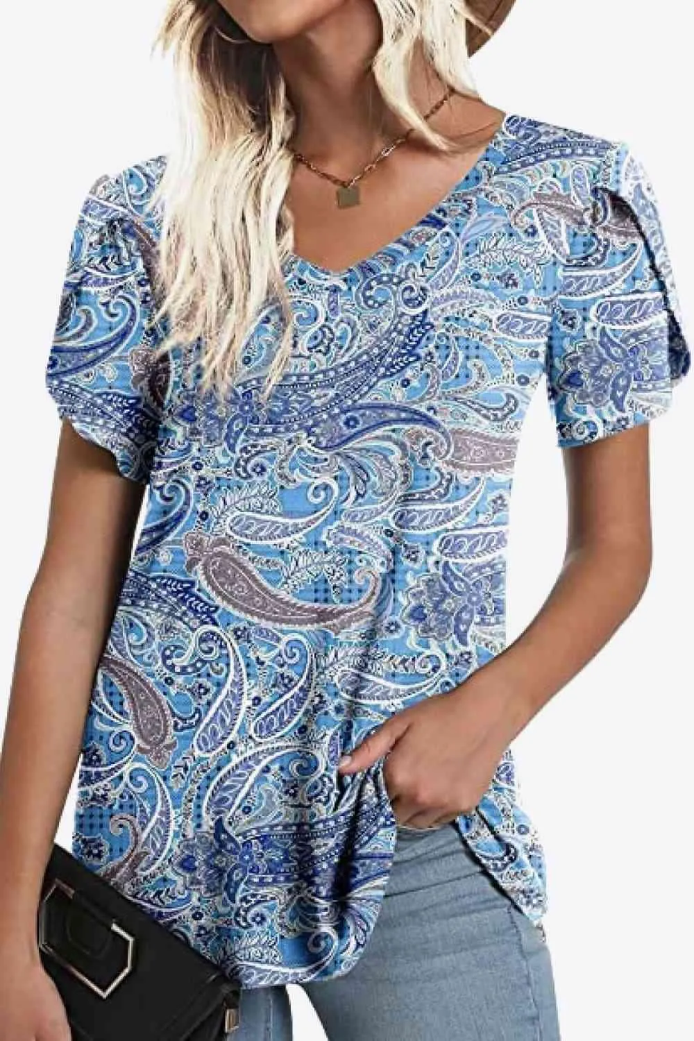 Chic Floral V-Neck Top with Delightful Petal Sleeves