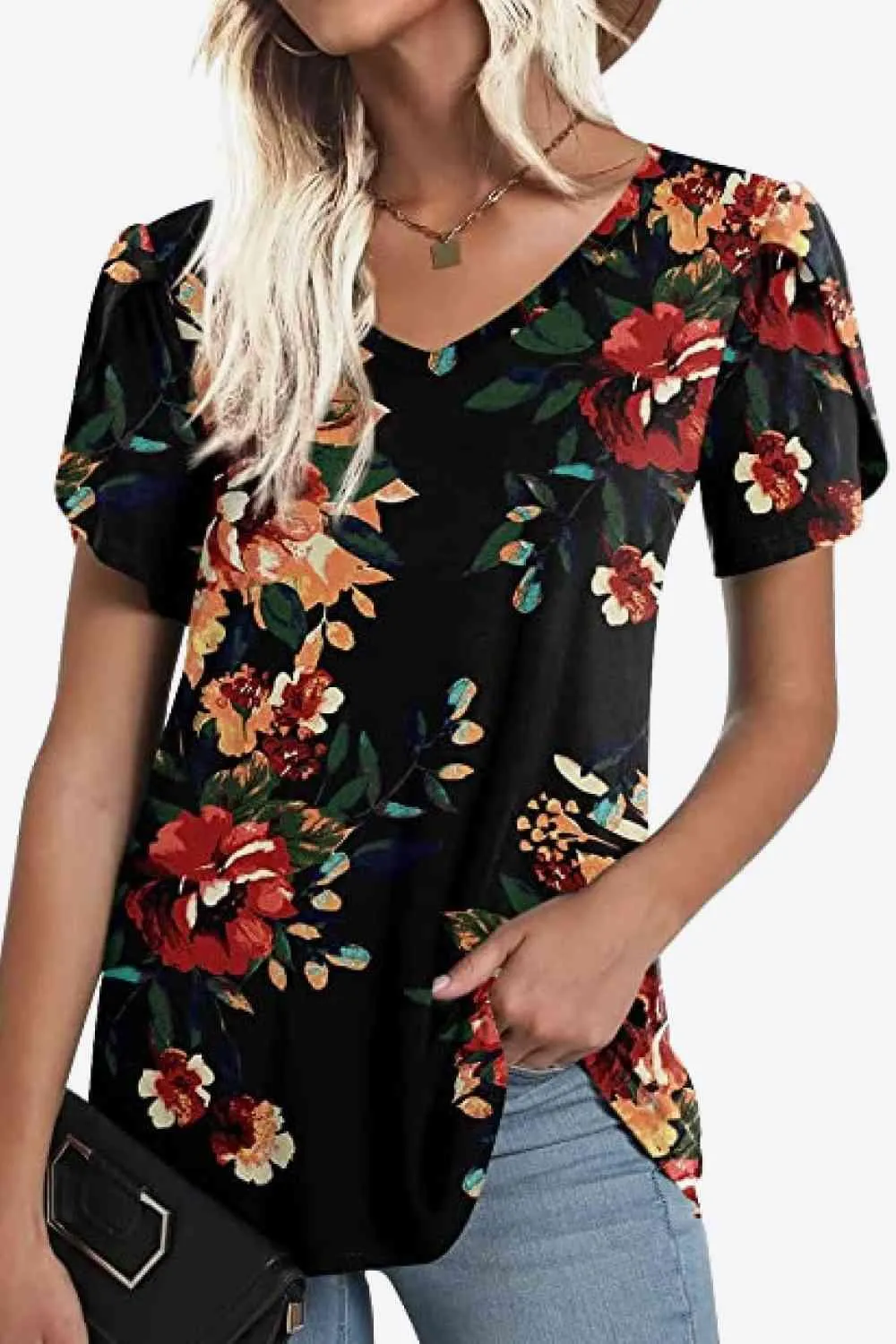 Chic Floral V-Neck Top with Delightful Petal Sleeves