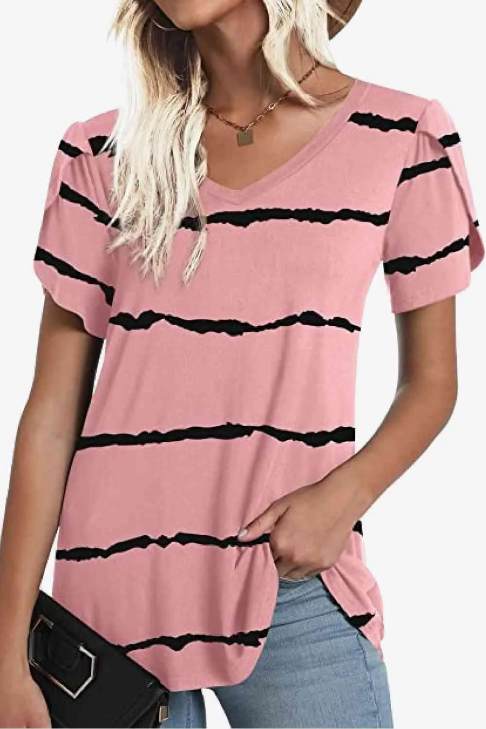 Chic Floral V-Neck Top with Delightful Petal Sleeves