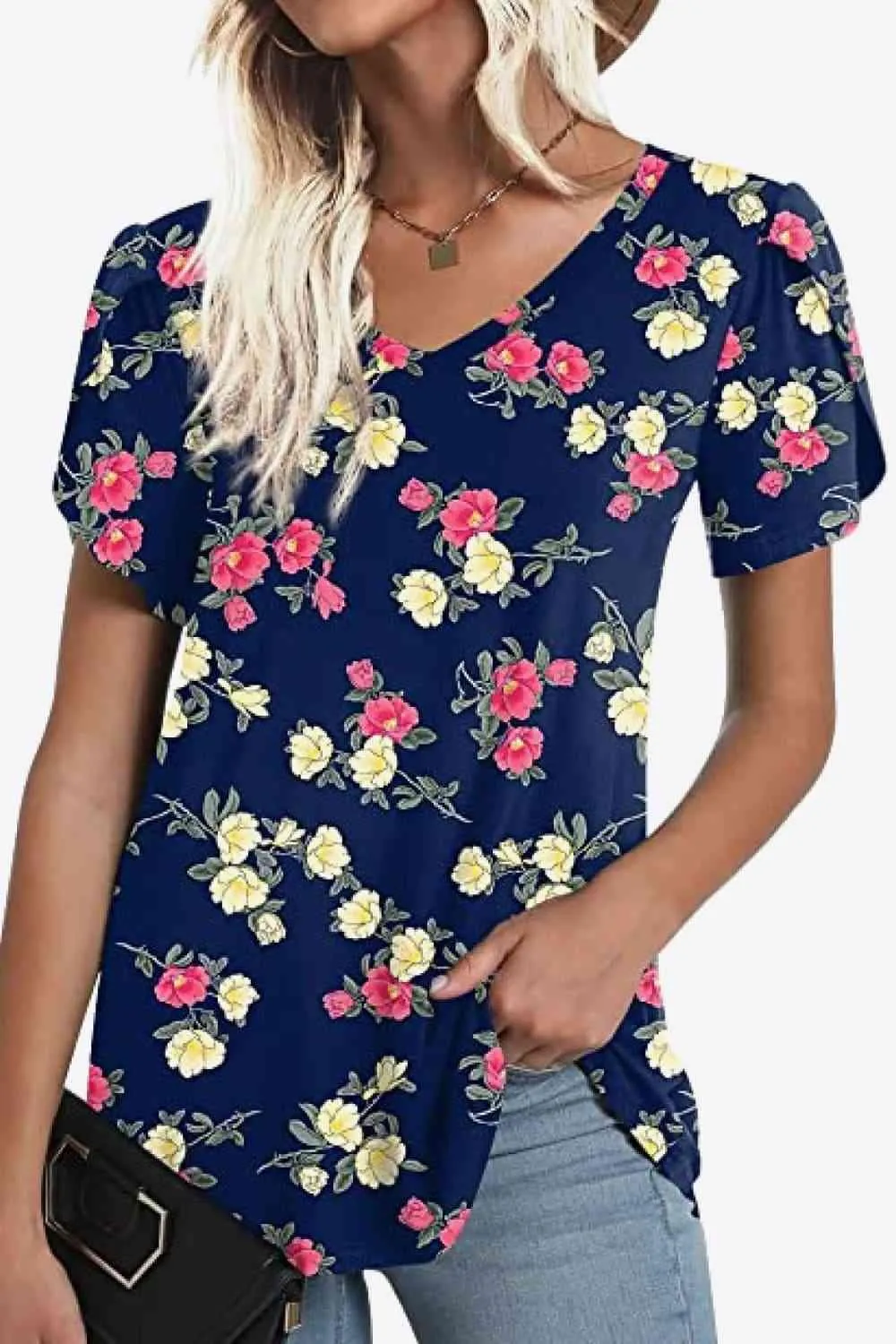 Chic Floral V-Neck Top with Delightful Petal Sleeves