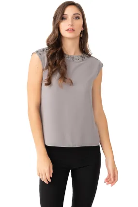 Chiffon Top with Embellished Neckline and Crossover Back