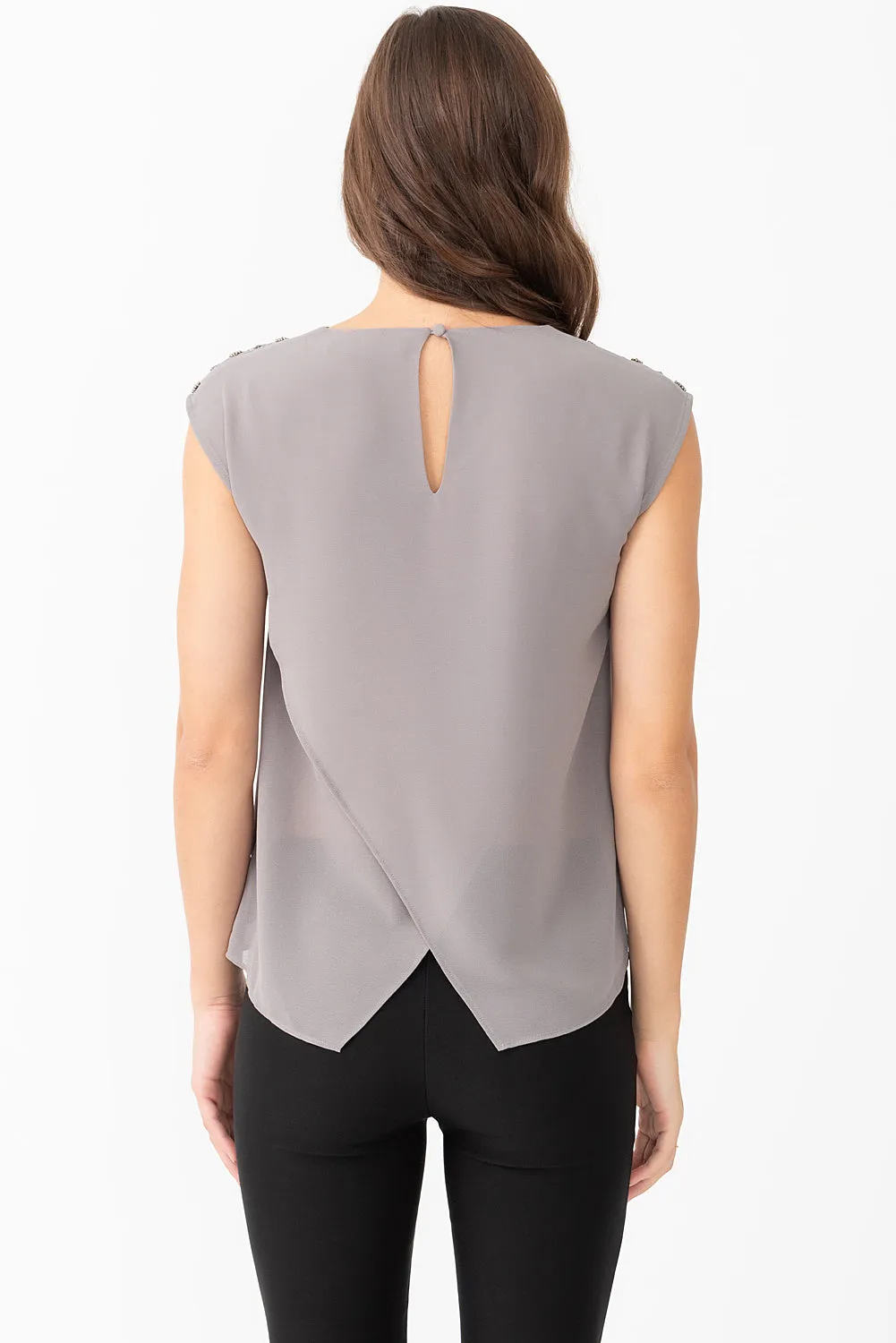 Chiffon Top with Embellished Neckline and Crossover Back