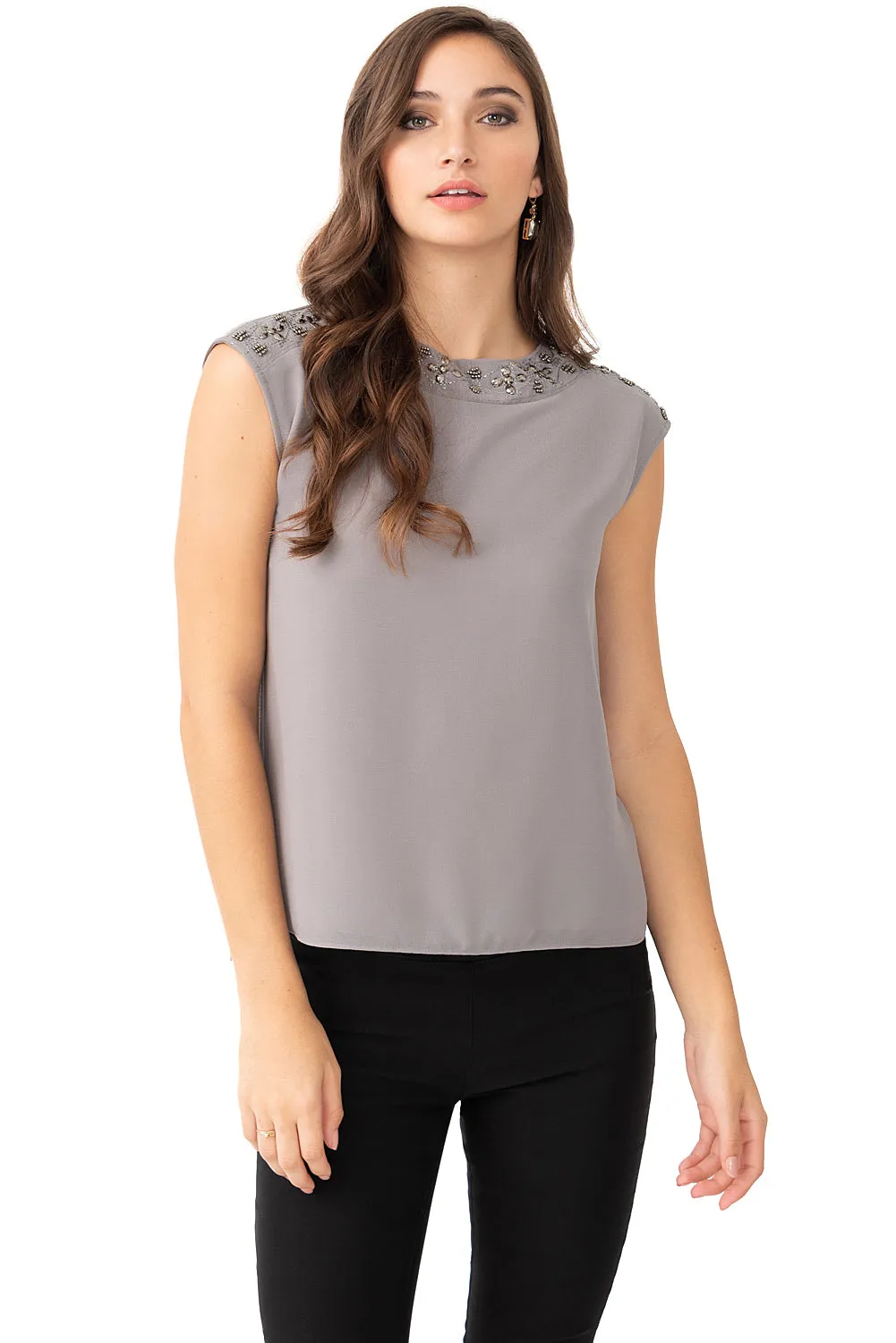 Chiffon Top with Embellished Neckline and Crossover Back