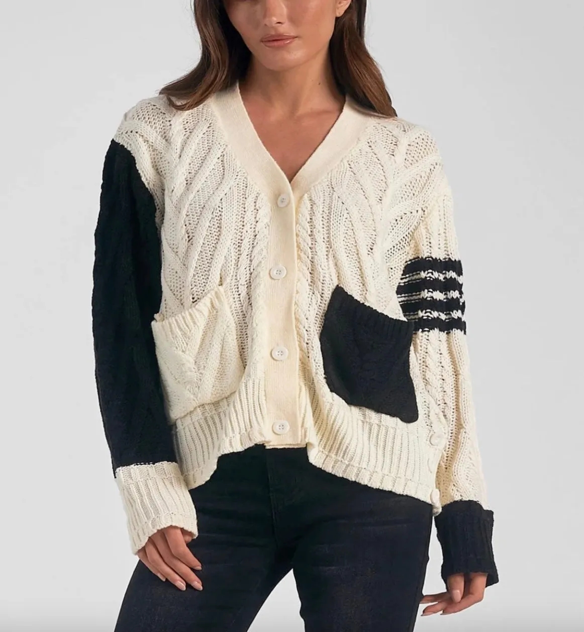 Color Block Sweater Cardigan - Black/White by Elan