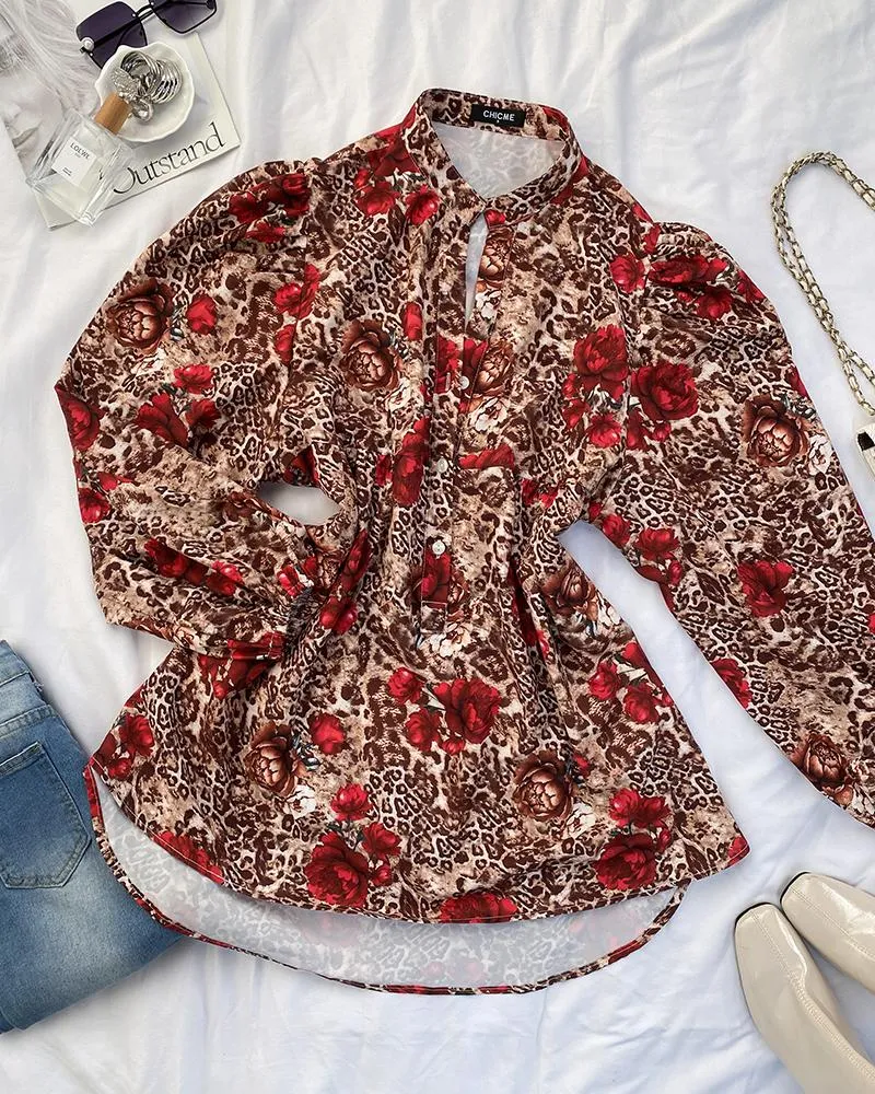 Colorblock Leopard Print Stand Collar Casual Blouse Lantern Sleeve Loose Fit Top