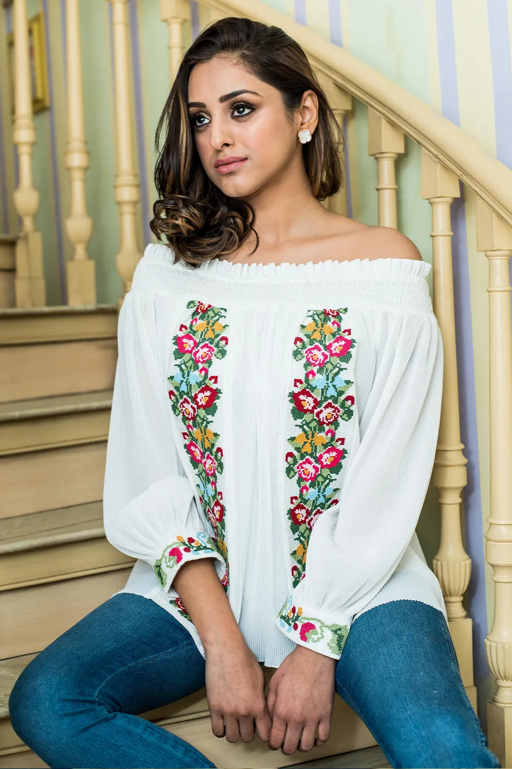 Daintly Embroidered and Pleated Off Shoulder Blouse
