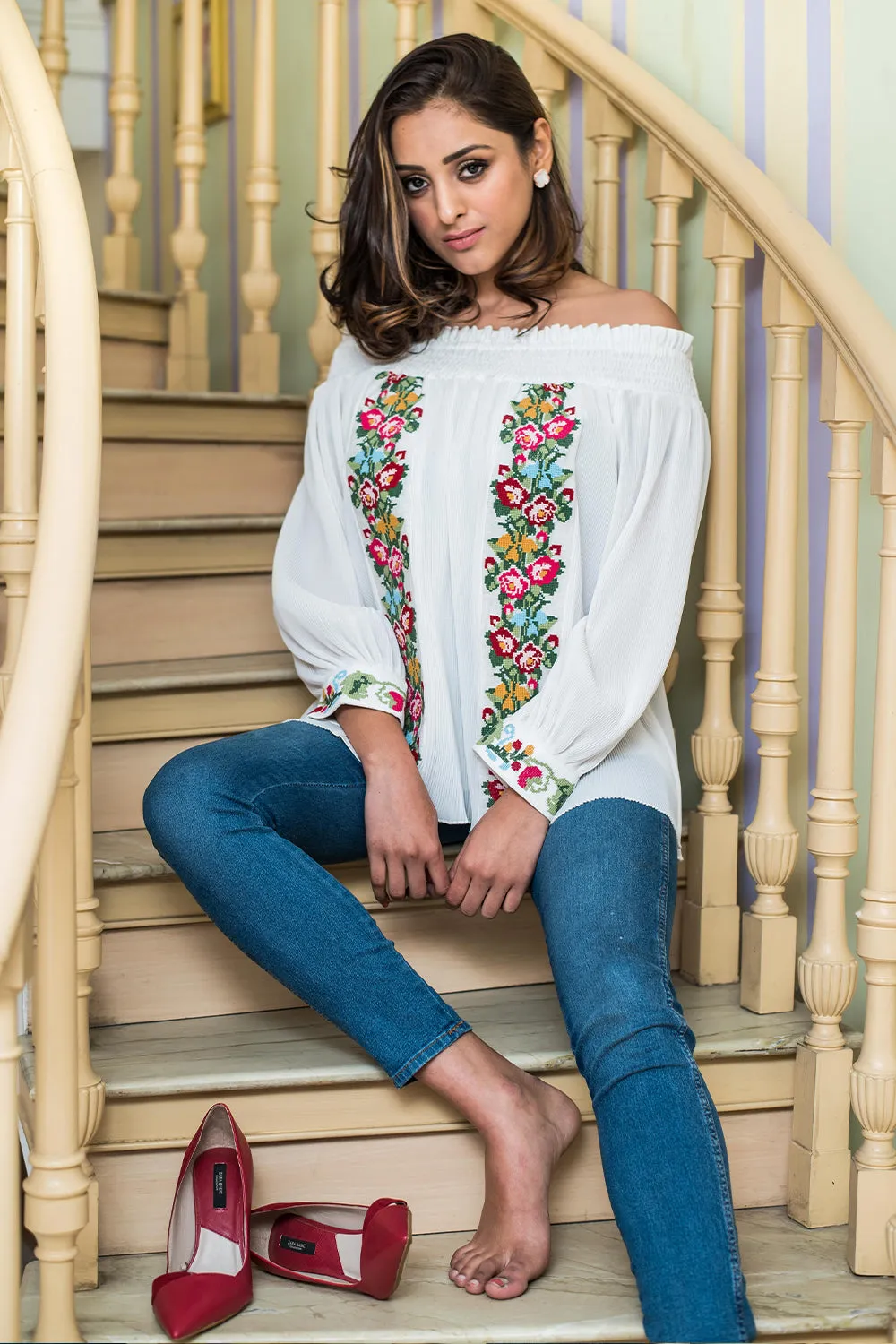 Daintly Embroidered and Pleated Off Shoulder Blouse