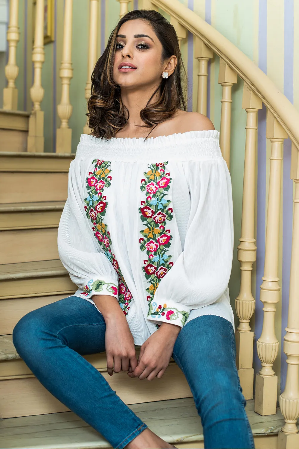 Daintly Embroidered and Pleated Off Shoulder Blouse