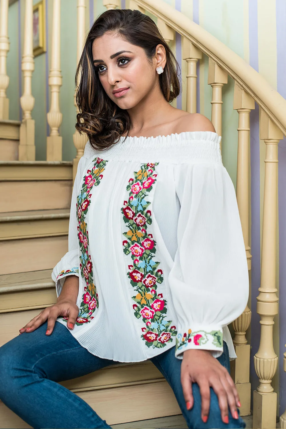 Daintly Embroidered and Pleated Off Shoulder Blouse