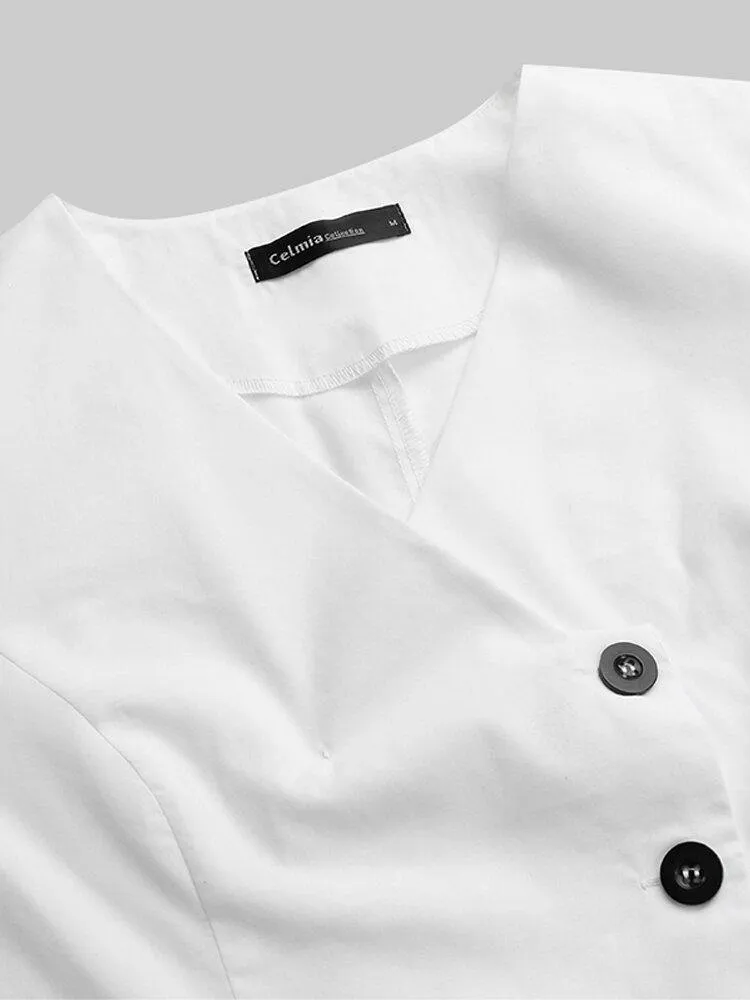 deanwangkt V-neck Oblique Placket Design Bell Sleeve Casual Dress